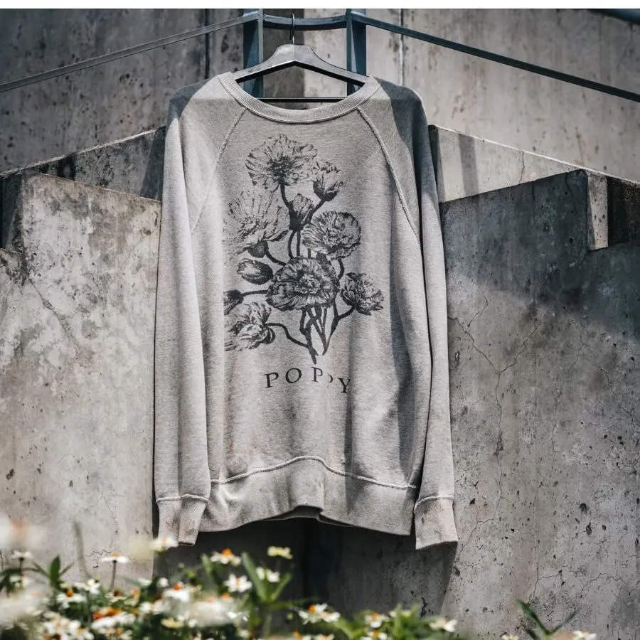 SAINT Mxxxxxx 'FLOWER' CREW NECK SWEAT SHIRTS Floral Distressed Retro Sweatshirt Distressed Gray S-XL Big Factory Four-needle Six-Thread Boneless Stitching Process/Original Horn Sleeve Version Top Printing Process Authentic Level Re-Engraving Garment Washing and Distressing/Hand-worn Graffiti Treatment Original Consistent Fruit Label/Little Angel Anti-Counterfeiting Label